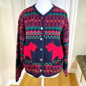 Tally-Ho Cardigan Sweater Dog Fair Isle Navy Multi (~XL, 42”Bust)